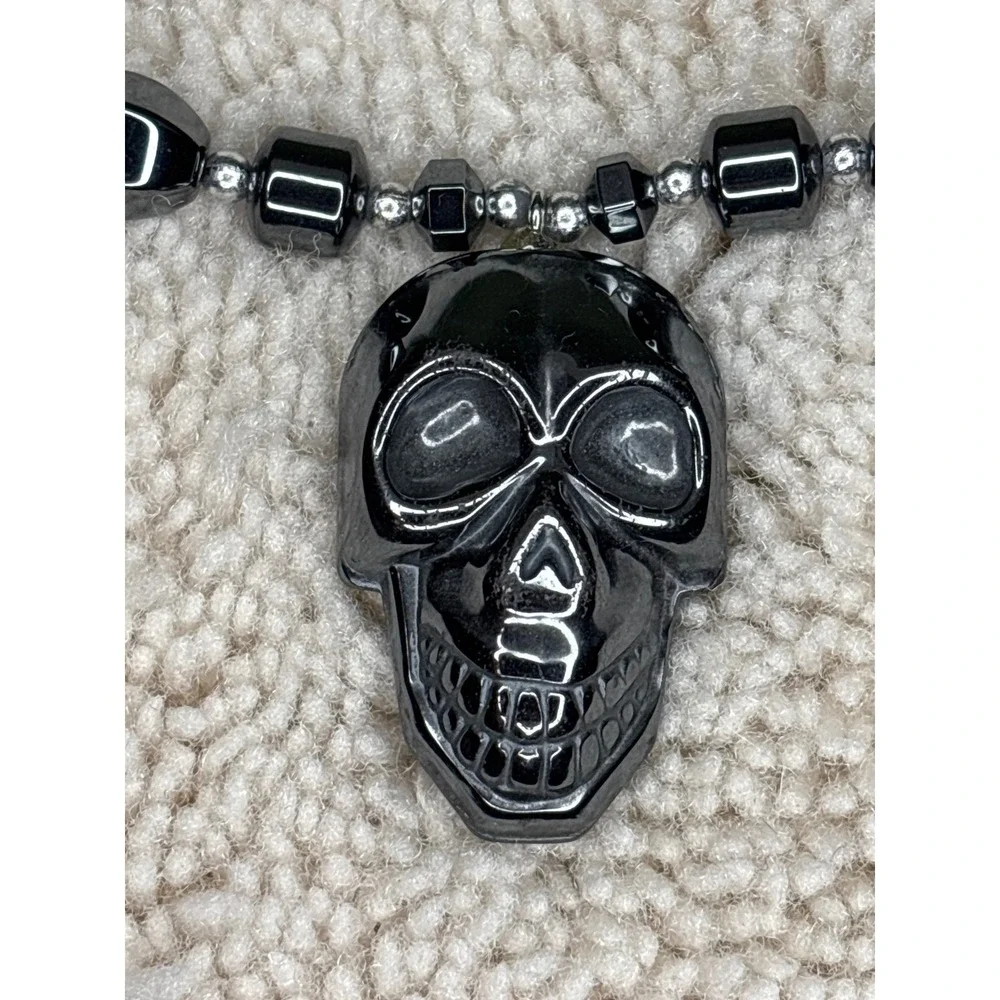 Hematite Skull Pendant Necklace Gunmetal Beaded Goth‎ Emo Choker Rocker Jewelry
